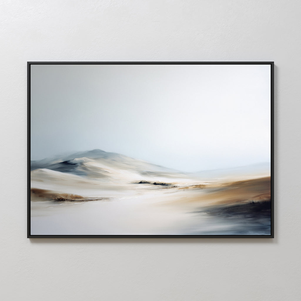 The Winter Plains Canvas Art - Horizontal features a serene, abstract desert landscape with beige dunes and a pale blue sky in soft, muted tones, creating calming wall decor for any white wall.