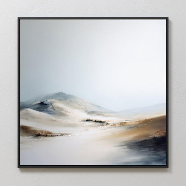 The Winter Plains Canvas Art - Square features a soft, abstract desert landscape in beige, tan, and muted blue, adding serene wall art to your light-colored wall.