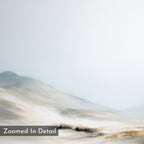 A minimal Winter Plains Canvas Art - Square depicts pale sandy hills and wispy grasses beneath a hazy sky, perfect for serene wall décor. A "Zoomed In Detail" label appears in the lower left corner.