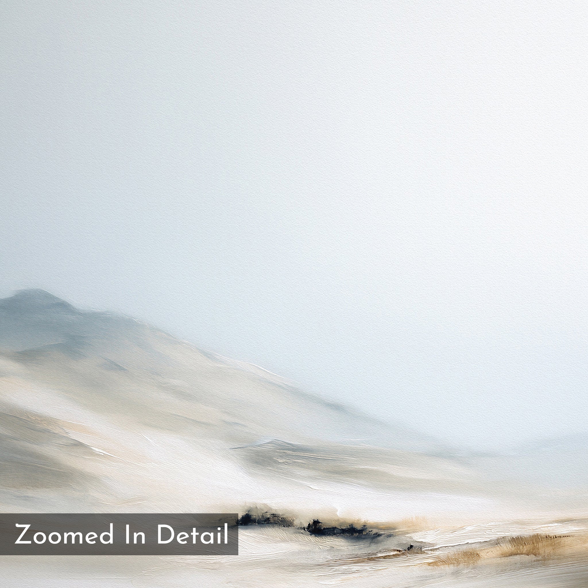 A minimal Winter Plains Canvas Art - Square depicts pale sandy hills and wispy grasses beneath a hazy sky, perfect for serene wall décor. A "Zoomed In Detail" label appears in the lower left corner.