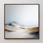The Winter Plains Canvas Art - Square features a serene, minimalist landscape with softly blurred sandy hills and a pale sky in muted beige, white, and gray tones for a calm, dreamy atmosphere. Framed for an elegant touch.