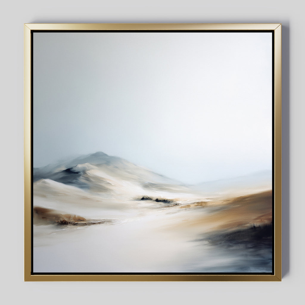 Winter Plains Canvas Art - Square features a soft, abstract landscape of sandy dunes and gentle hills beneath a pale sky. This serene framed wall art brings calm and peaceful vibes to your space.