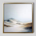 Winter Plains Canvas Art - Square features a soft, abstract landscape of sandy dunes and gentle hills beneath a pale sky. This serene framed wall art brings calm and peaceful vibes to your space.