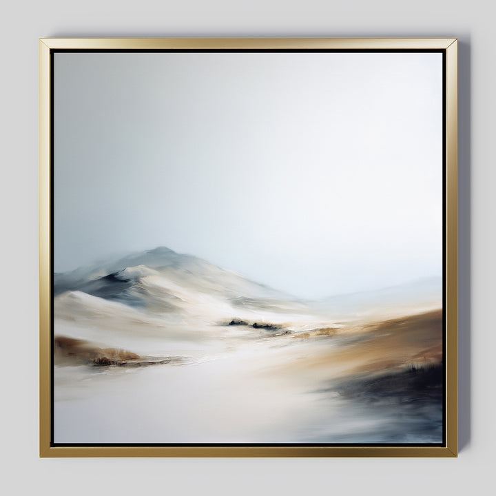 Winter Plains Canvas Art - Square features a soft, abstract landscape of sandy dunes and gentle hills beneath a pale sky. This serene framed wall art brings calm and peaceful vibes to your space.