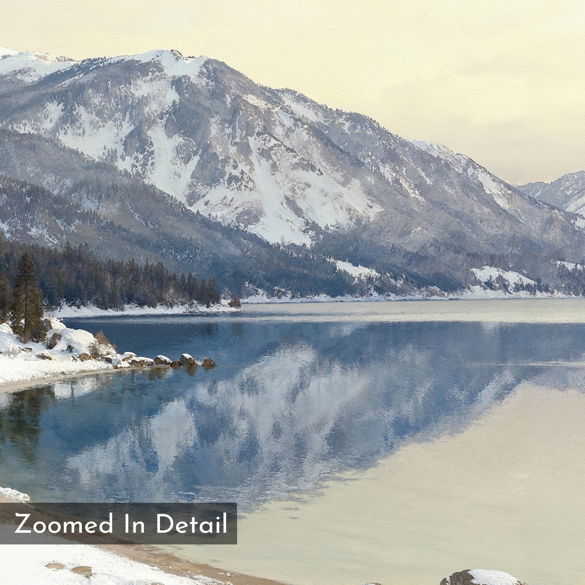 The Winter Reflection Canvas Art - Horizontal features a calm alpine lake mirroring snow-capped mountains and pines under a cloudy sky, with snowy shores enhancing its wintry serenity. "Zoomed In Detail" text appears in the corner.