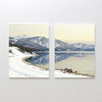 The "Winter Reflection - Set of 2" features canvas prints of snowy mountains, a calm lake, and a cloudy sky. Displayed together, they bring Nordic Park tranquility into your home.