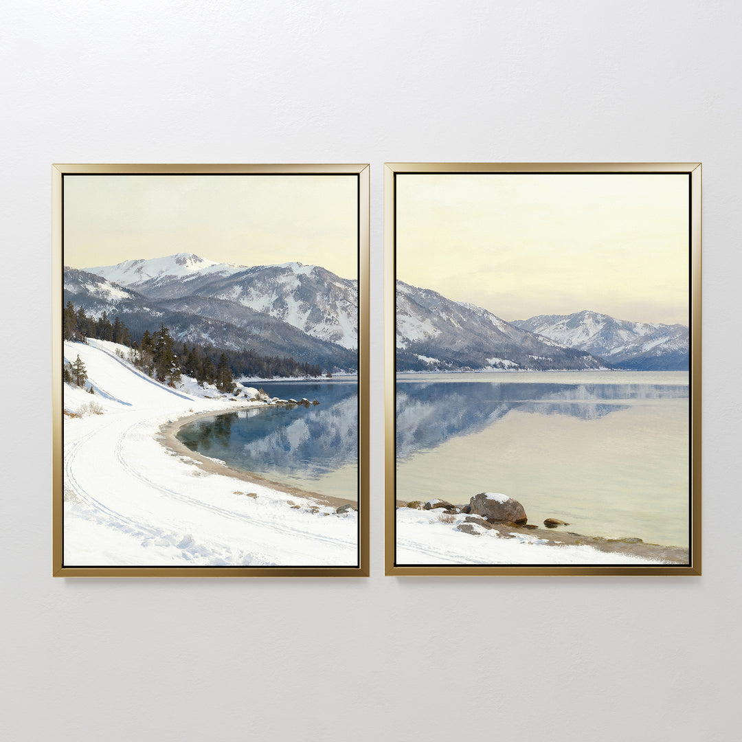 Winter Reflection - Set of 2 features two framed canvas prints side by side, depicting snow-covered mountains, a tranquil alpine lake with mirrored scenery, and a snowy shoreline under a soft sky.