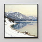 Winter Reflection Canvas Art - Square: A framed canvas print of a tranquil winter landscape with snow-capped mountains, evergreen trees, and a peaceful alpine lake mirroring Nordic Park under a cloudy sky.