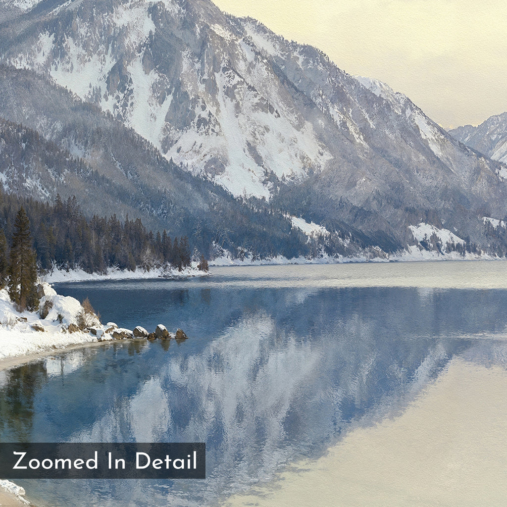 Snow-covered mountains and evergreens reflect in a calm alpine lake beneath a cloudy sky. The painted, detailed texture of Winter Reflection Canvas Art - Square makes it ideal for winter décor lovers. A "Zoomed In Detail" label appears in the corner.