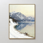 The Winter Reflection Canvas Art - Vertical features a serene winter landscape with snowy mountains, a calm alpine lake, and a snow-covered path, making it perfect for Nordic Park-inspired wall art.