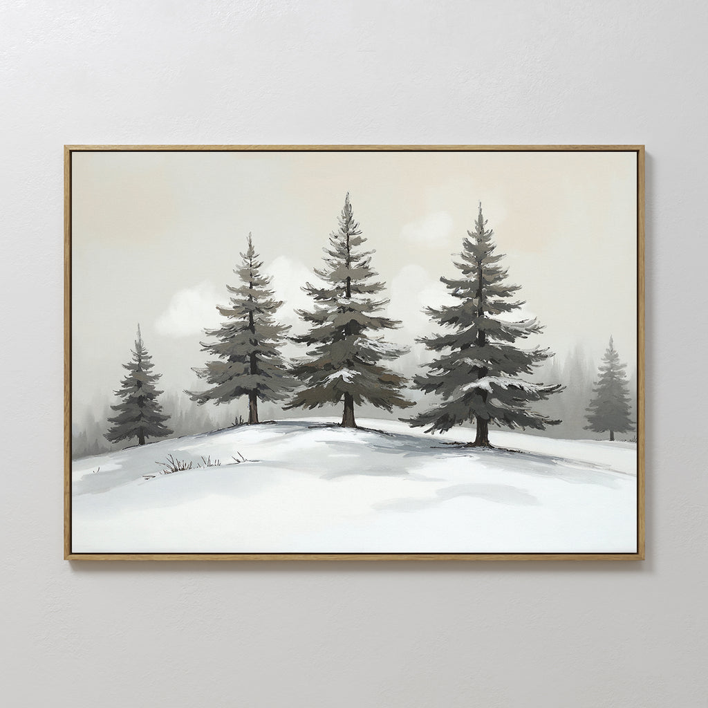 The Winter Solitude Canvas Art - Horizontal showcases snow-covered evergreens on a gentle hill under a misty sky, adding calm, wintry charm and a soft, neutral palette—ideal for serene bedroom decor.