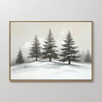 The Winter Solitude Canvas Art - Horizontal showcases snow-covered evergreens on a gentle hill under a misty sky, adding calm, wintry charm and a soft, neutral palette—ideal for serene bedroom decor.