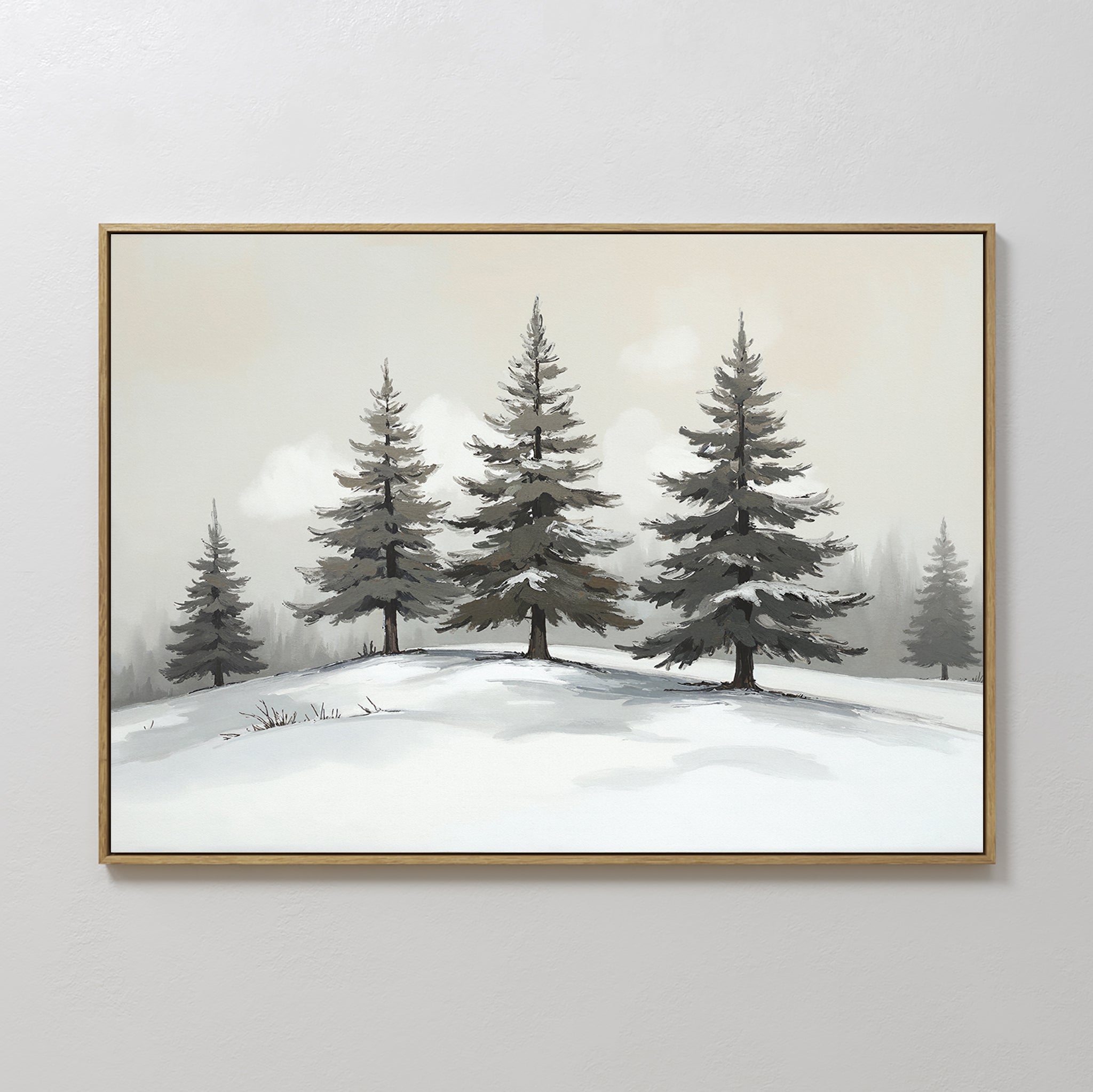 The Winter Solitude Canvas Art - Horizontal showcases snow-covered evergreens on a gentle hill under a misty sky, adding calm, wintry charm and a soft, neutral palette—ideal for serene bedroom decor.