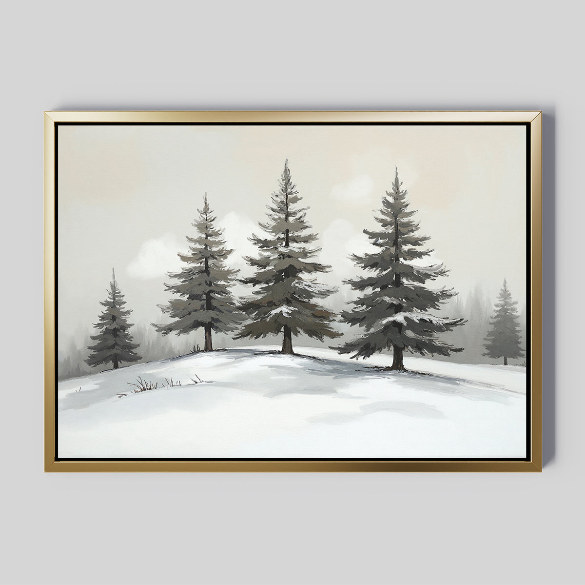 The "Winter Solitude Canvas Art - Horizontal" features a serene, snowy hilltop with evergreens under a misty sky—ideal for bringing peaceful, wintry charm to your bedroom decor.
