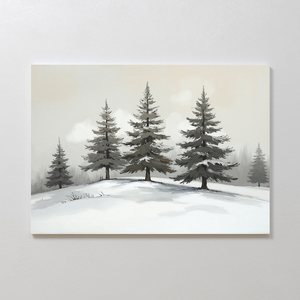 Winter Solitude Canvas Art - Horizontal features snow-covered evergreens on a gentle slope beneath a muted sky, creating a calm winter scene ideal for tranquil bedroom decor.