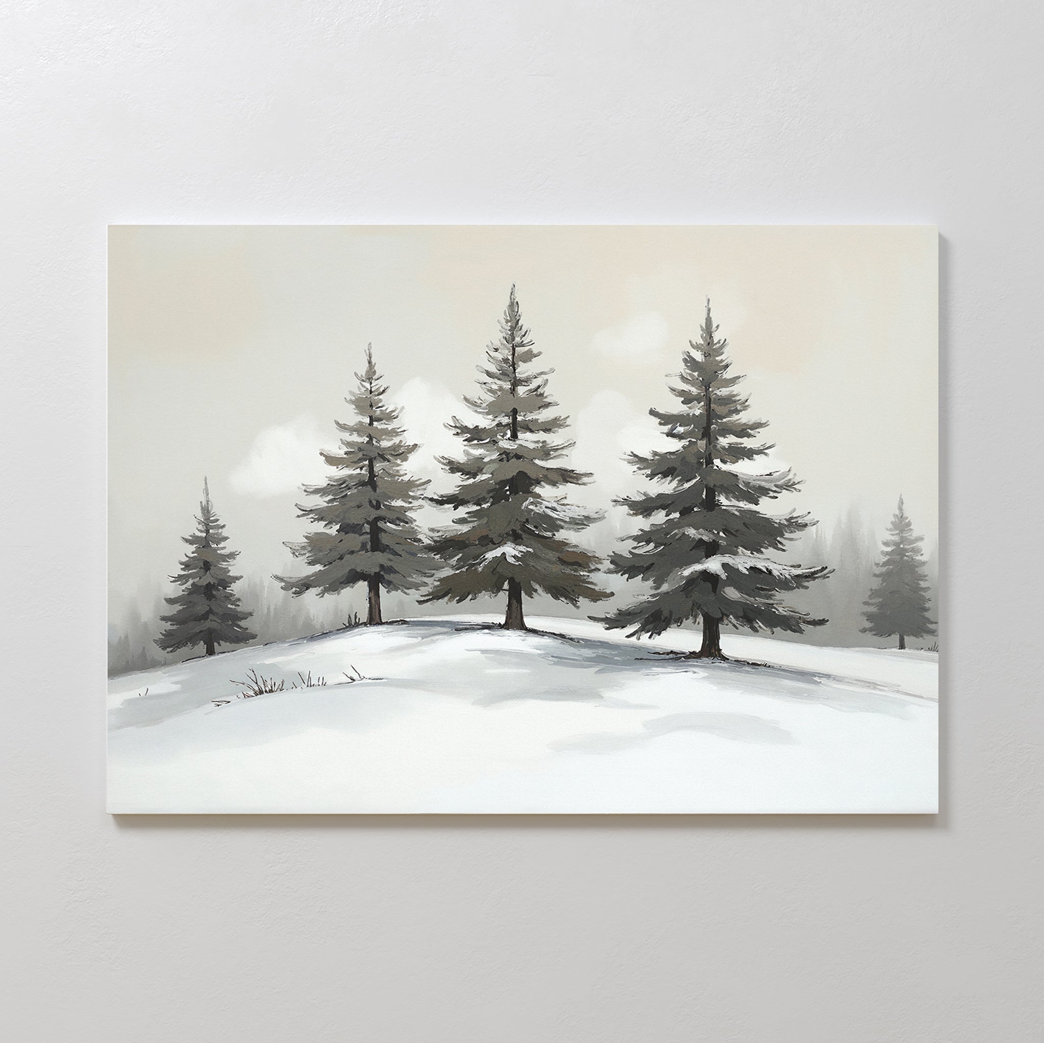Winter Solitude Canvas Art - Horizontal features snow-covered evergreens on a gentle slope beneath a muted sky, creating a calm winter scene ideal for tranquil bedroom decor.