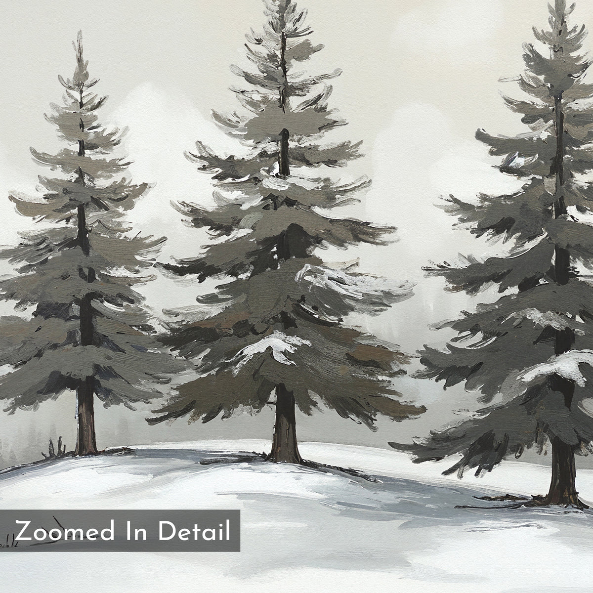 The Winter Solitude Canvas Art - Horizontal features three snow-covered pine trees on a misty hill, creating a calm winter landscape. Perfect for tranquil bedroom decor, it includes a label: "Zoomed In Detail.