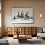 A cozy living room with beige walls, a wooden sideboard, light wood coffee table, and cream sofa. The "Winter Solitude Canvas Art - Horizontal" hangs above the sideboard while soft lighting creates a warm atmosphere.