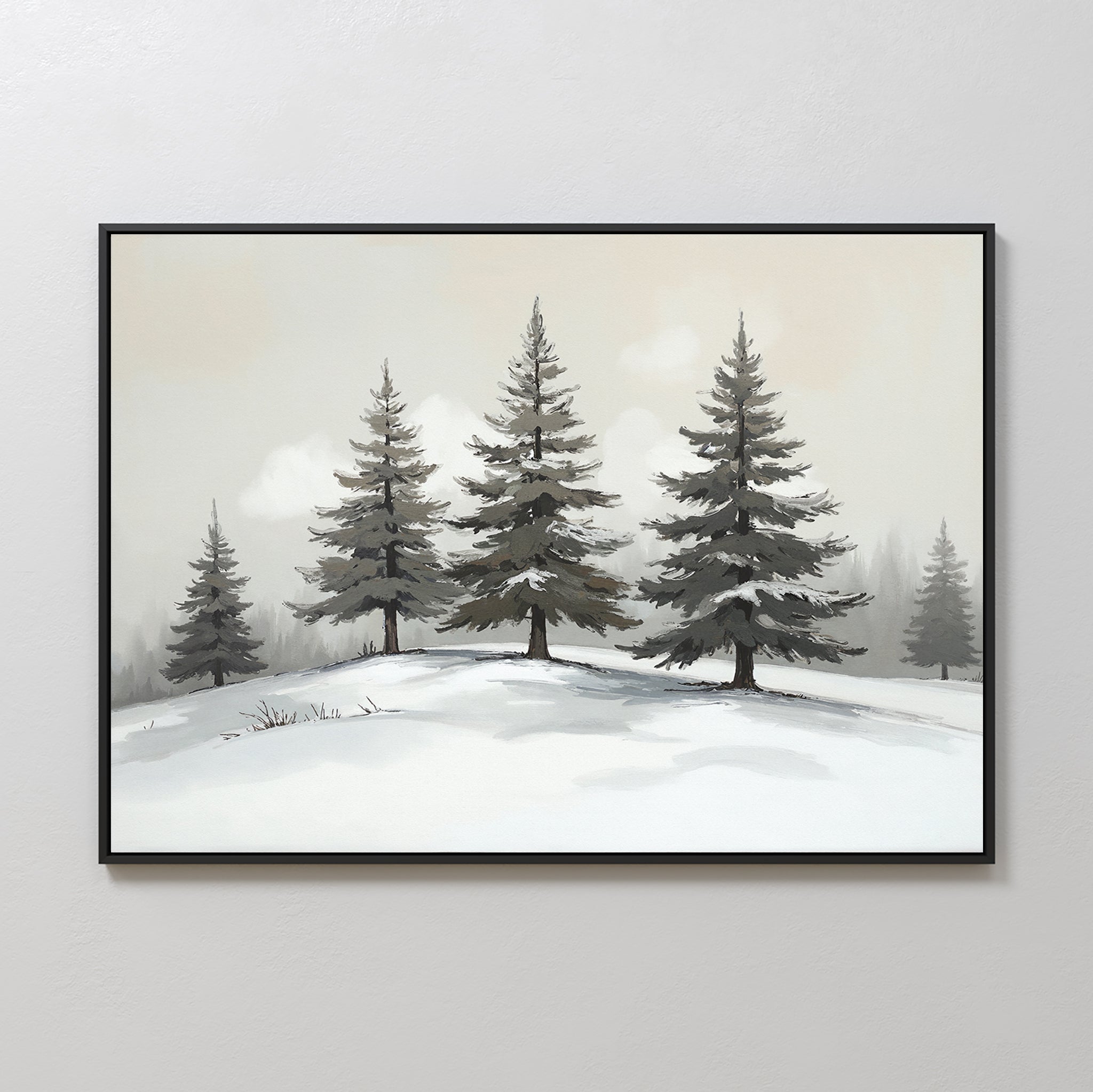 The Winter Solitude Canvas Art - Horizontal features snow-covered evergreens on a gentle hill beneath a foggy sky, creating tranquil bedroom decor when displayed on a plain, light-colored wall.