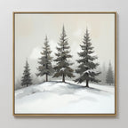 The Winter Solitude Canvas Art - Square features evergreen trees on a snowy hill under a foggy sky. Muted tones and soft shadows create a calming winter scene, making it ideal monochromatic wall art for your home.