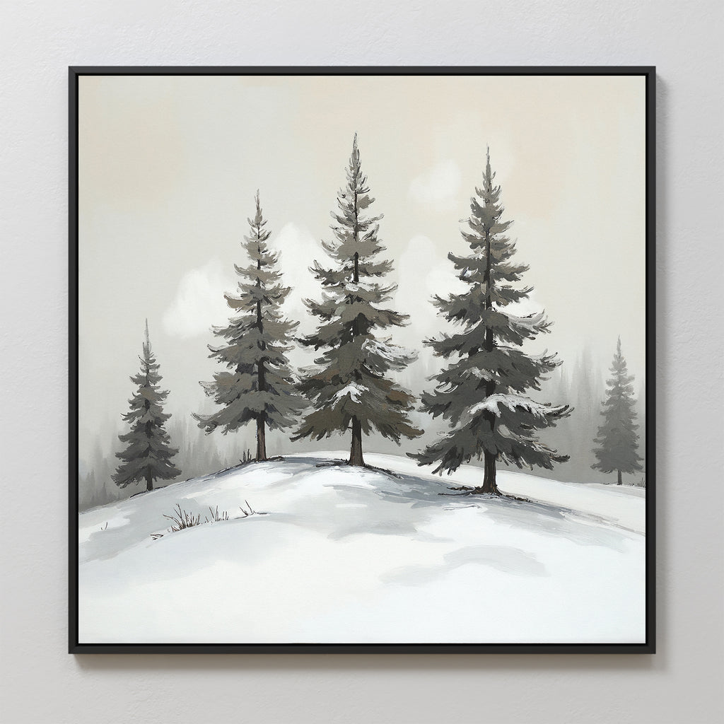 The Winter Solitude Canvas Art - Square features a snowy landscape with evergreens on a gentle hill, soft muted colors, and a foggy background—perfect winter wall art for any space.