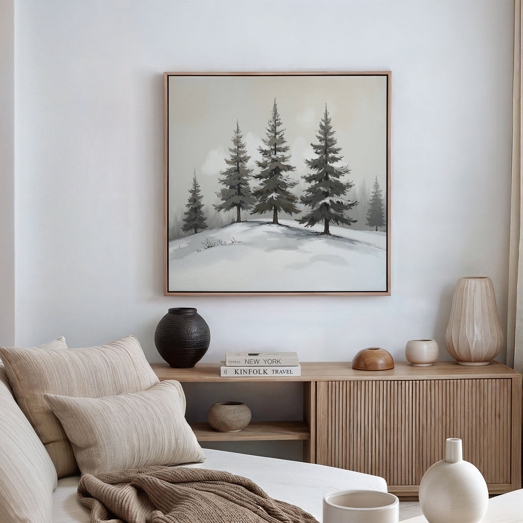 A cozy living room with a neutral palette, featuring a beige sofa, textured cushions, wood sideboard, decorative vases, books, and the Winter Solitude Canvas Art - Square—a framed painting of pine trees in a snowy landscape—on the wall.