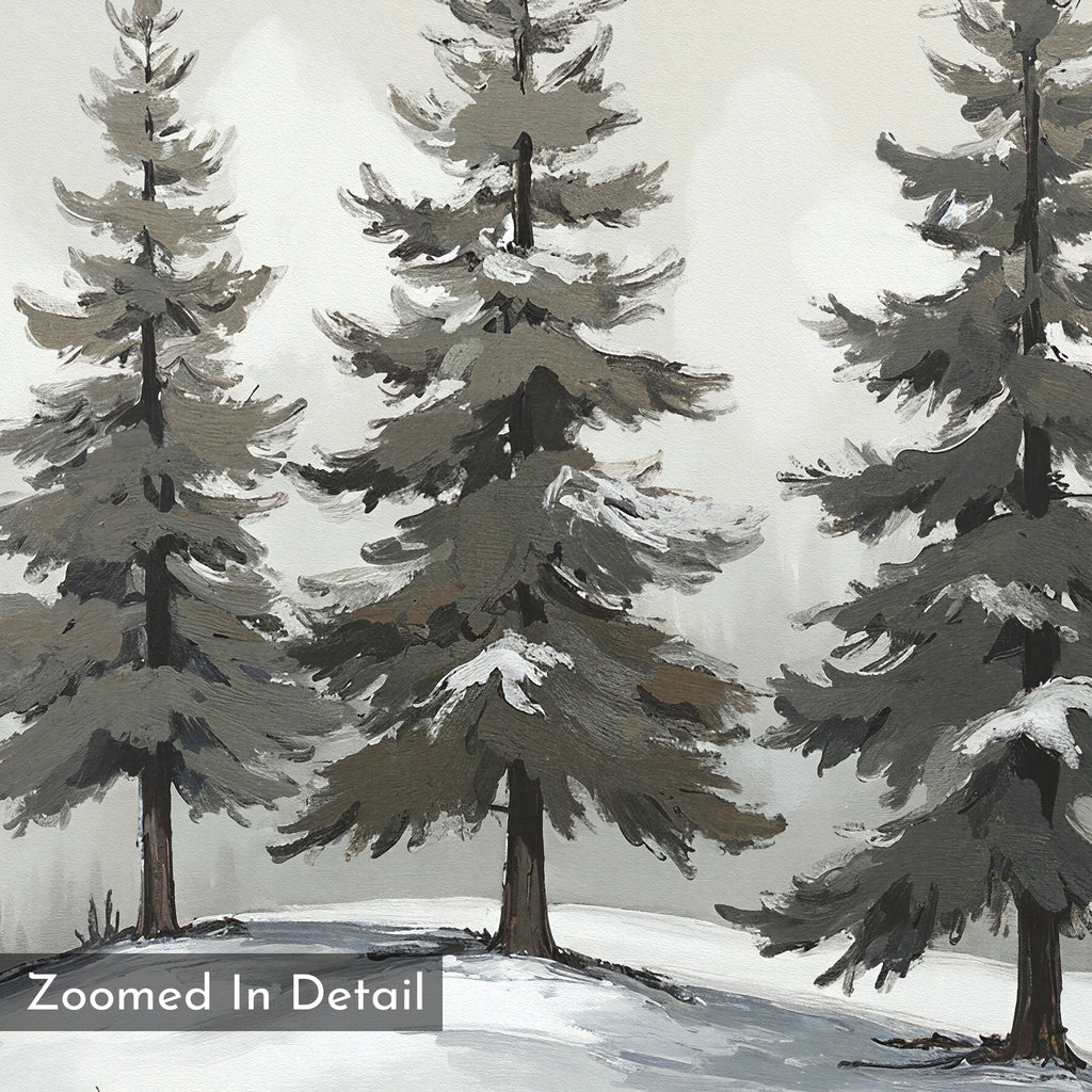 The Winter Solitude Canvas Art - Square features three tall, snow-covered evergreens on a snowy ground. A misty background and "Zoomed In Detail" label add depth to this serene, textured winter landscape wall art.