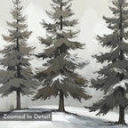 The Winter Solitude Canvas Art - Square features three tall, snow-covered evergreens on a snowy ground. A misty background and "Zoomed In Detail" label add depth to this serene, textured winter landscape wall art.