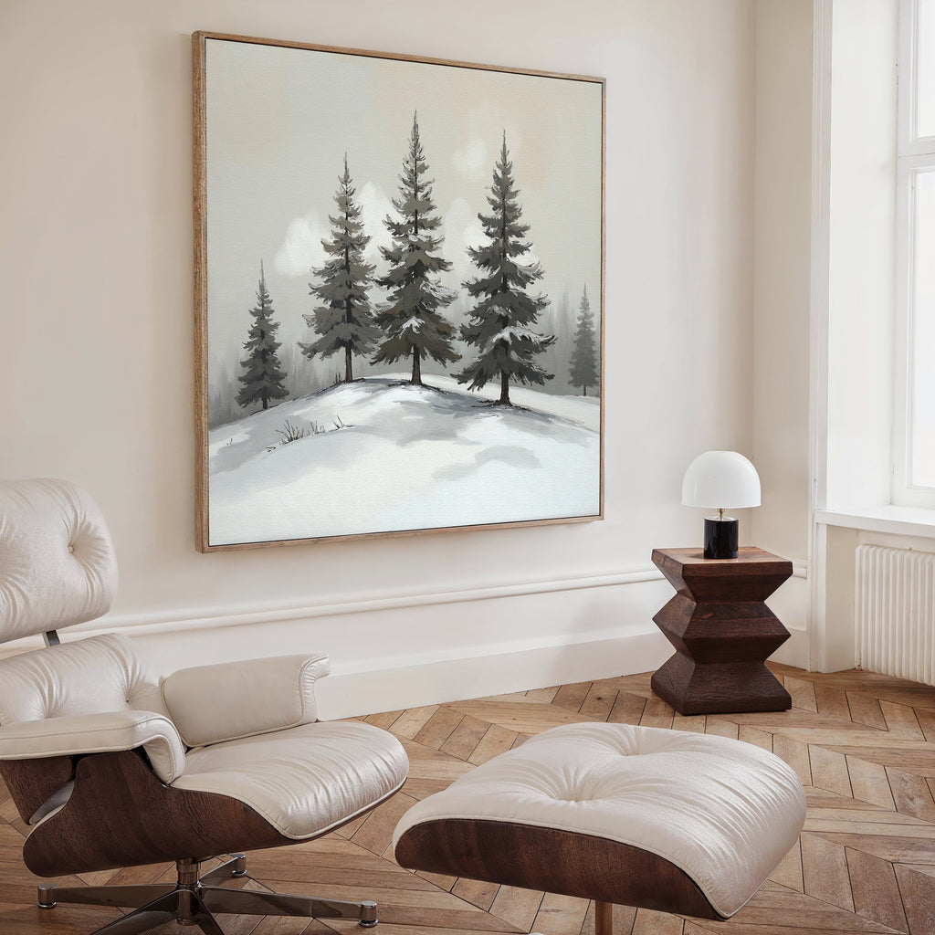A modern living room with wood floors, a white lounge chair and ottoman, a dark side table with a small white lamp, and the Winter Solitude Canvas Art - Square featuring snowy pine trees displayed on the wall.