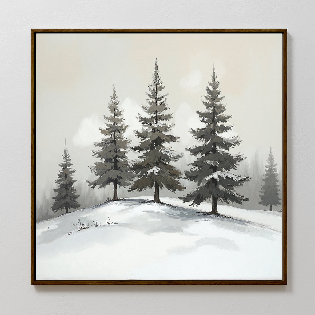 The Winter Solitude Canvas Art - Square features a framed monochromatic snowy landscape with tall evergreens on a gentle hill beneath a cloudy sky—ideal as winter landscape wall art.