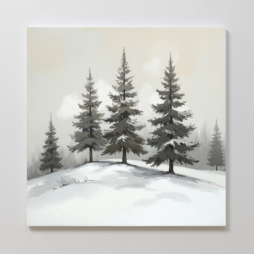 The Winter Solitude Canvas Art - Square features a serene winter landscape of snow-covered ground and evergreens on a hill, with a misty, muted background that evokes a cold and tranquil atmosphere.