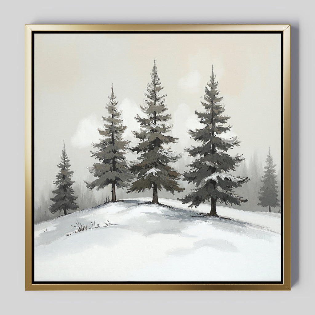 The Winter Solitude Canvas Art - Square features pine trees on a snowy hill under a misty gray sky. This framed, monochromatic print captures subtle shadows for a serene winter landscape wall art piece.